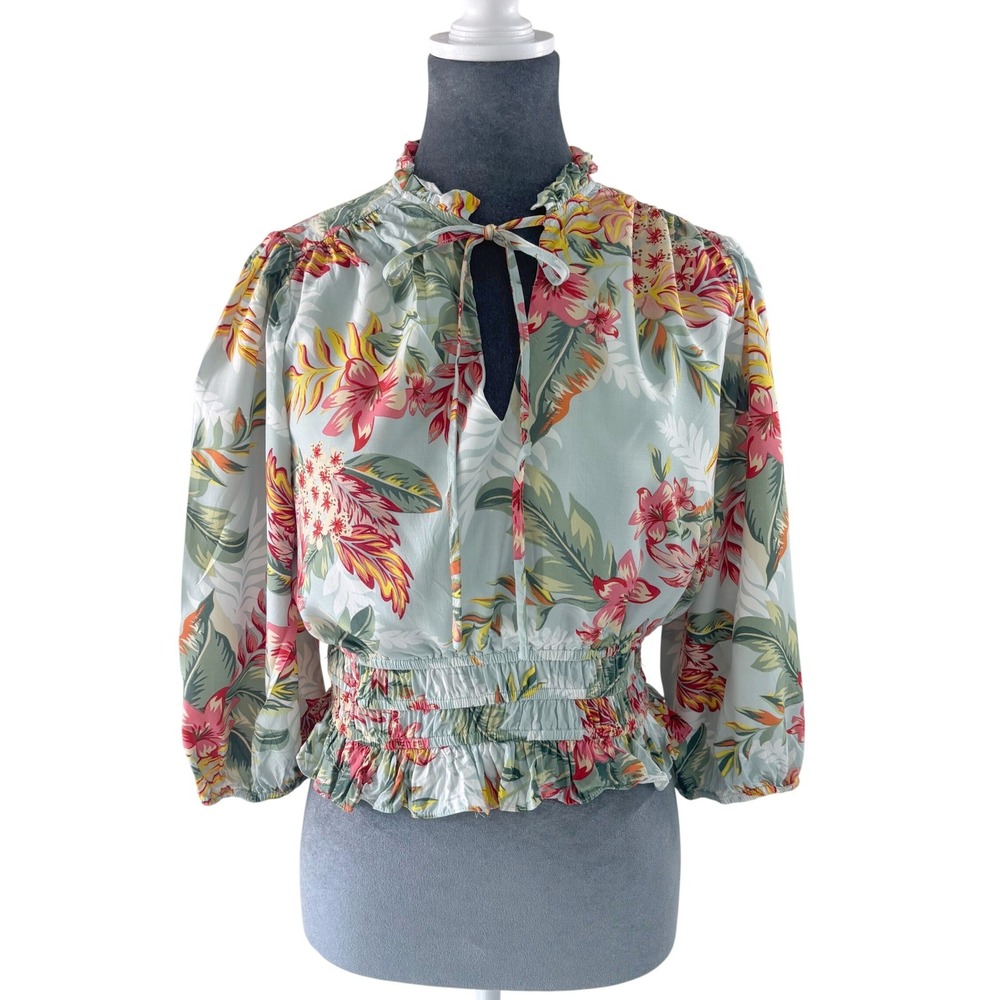 Lost + Wander Boho Tropical Floral Ruffle Neck Tie Keyhole Blouse Women's Size S
